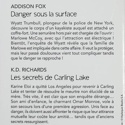 Danger sous la surface - Les secrets de Carling Lake - Addison Fox, K.D. Richards - Harlequin Black Rose - Romance suspense - Livre