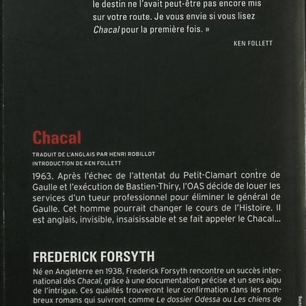 Chacal – Frederick Forsyth – Thriller politique, assassin, De Gaulle et attentat - Livre