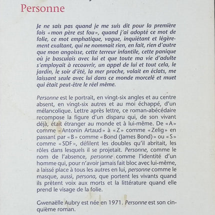 Personne – Prix Femina 2009 – Gwenaëlle Aubry – Roman contemporain primé sur solitude, identité et introspection - livre