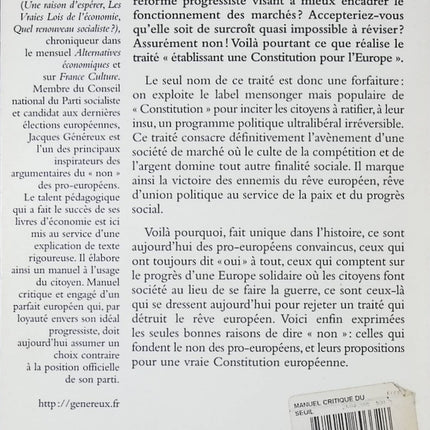Manuel critique du parfait Européen – Les bonnes raisons de dire « Non » à la Constitution – Jacques Généreux – Essai politique et économique sur l’Europe et la critique de la Constitution - livre
