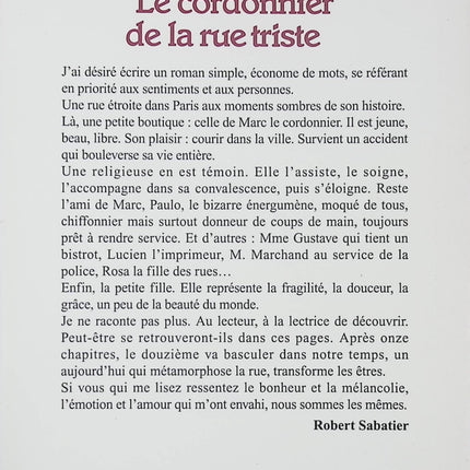 Le Cordonnier de la rue triste Robert Sabatier roman français classique émouvant - Livre