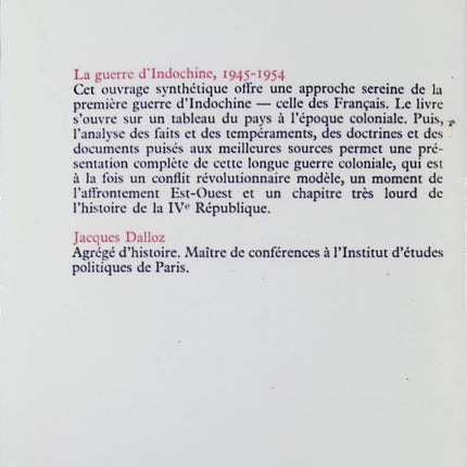 La Guerre d'Indochine 1945-1954 Jacques Dalloz livre historique analyse complète - Livre