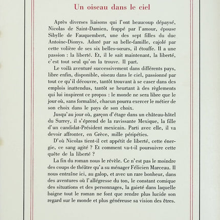 Un oiseau dans le ciel – Félicien Marceau – roman littéraire voyage quête de liberté aventure - Livre