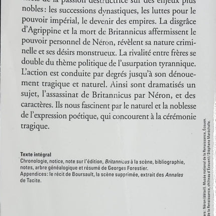 Pièce de théâtre tragédie classique Britannicus – pouvoir, jalousie, drame antique – Jean Racine - livre