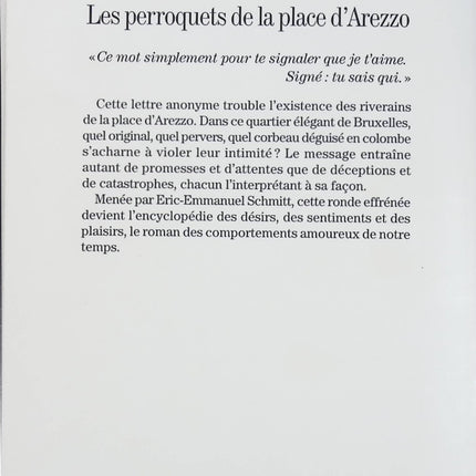 Les Perroquets de la place d’Arezzo – Éric-Emmanuel Schmitt – roman contemporain d’amour et de destin – livre d’occasion - Livre