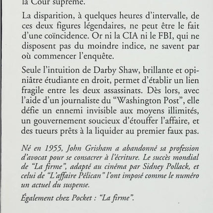 L’Affaire Pelican – John Grisham – thriller juridique enquête politique et complot - Livre