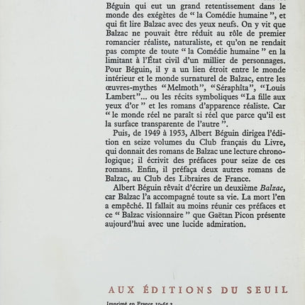 Balzac lu et relu – Albert Béguin essai littérature française Honoré de Balzac analyse critique occasion - Livre
