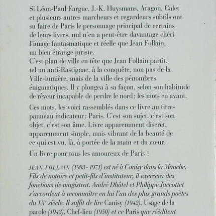 Paris – recueil poétique et réflexions sur la ville par Jean Follain, poésie contemporaine française - livre