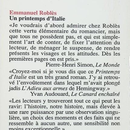 Un printemps d’Italie – Emmanuel Roblès – roman de voyage et découverte culturelle - livre