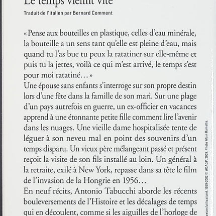 Le temps vieillit vite – Antonio Tabucchi – roman poétique et introspectif - livre