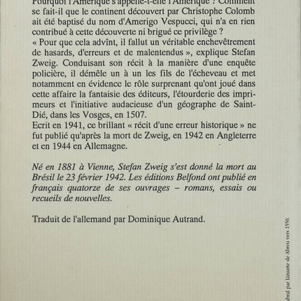 Roman historique biographie Amerigo récit d’une erreur historique – Stefan Zweig - livre