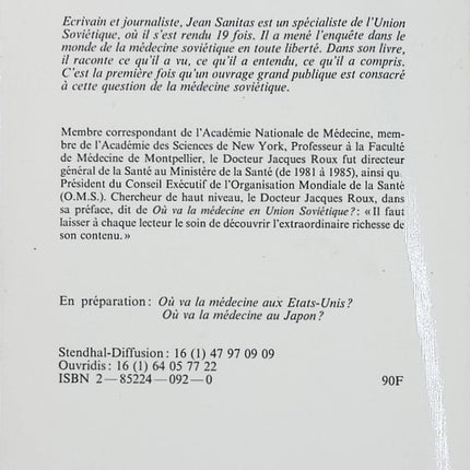 Où va la médecine en Union Soviétique ? – Jean Sanitas essai histoire médecine URSS santé système soviétique analyse - Livre