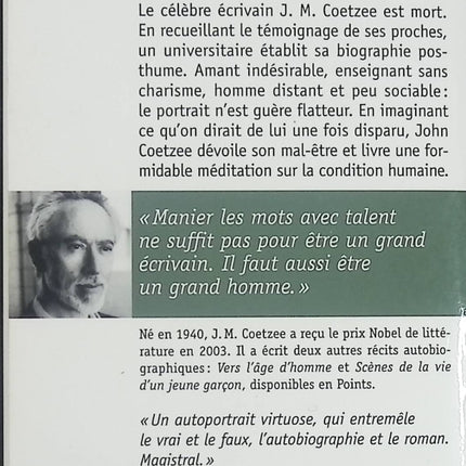 Roman contemporain réflexion et émotion – L’Été de la vie J. M. Coetzee - Livre