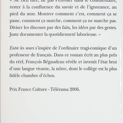 Entre les murs – François Bégaudeau – roman contemporain sur l’école et la jeunesse - livre