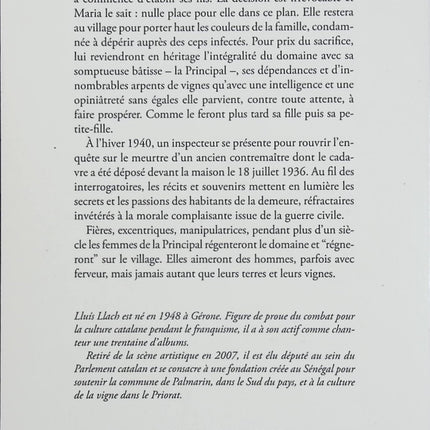 Les Femmes de la Principal – Lluís Llach – saga familiale Catalogne domaine viticole secrets de famille roman historique - Livre