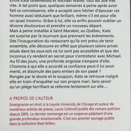 Le dernier mensonge – Laura Caldwell – romance à suspense, secrets, danger, enquête et révélations - Livre
