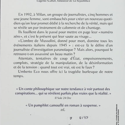 Numéro zéro – Umberto Eco – Roman politique complot médias journalisme manipulation de l’information - Livre