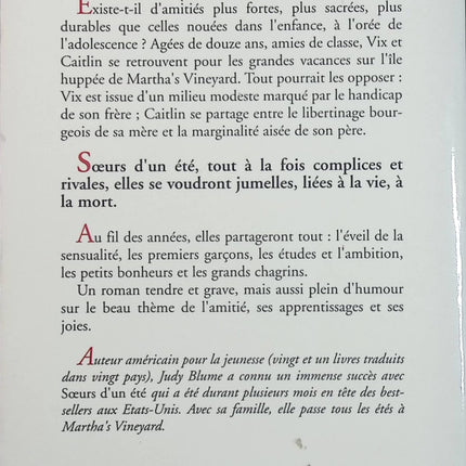 Sœurs d'un été Judy Blume Roman contemporain famille émotions - Livre