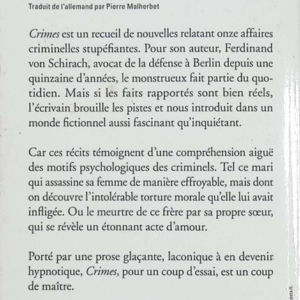 Crimes – Ferdinand von Schirach – Recueil de nouvelles criminelles inspirées de faits réels - Livre