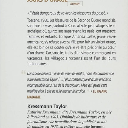 Jours d’orage – Kathrine Kressmann Taylor – Roman historique – drame familial et tensions de l’Amérique rurale - Livre