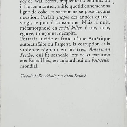 American Psycho Bret Easton Ellis – Roman noir américain culte sur la société de consommation, la violence et les dérives du monde des affaires à New York - Livre