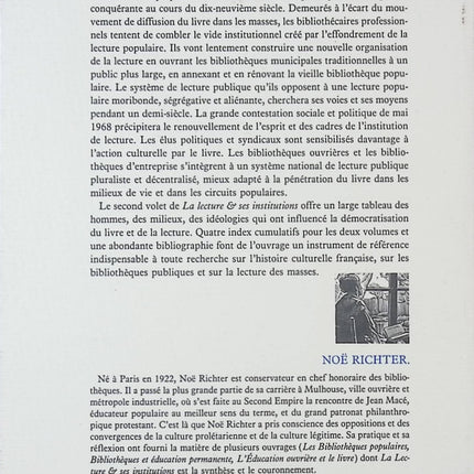 La lecture & ses institutions – histoire de la lecture publique en France 1919-1989 Noë Richter livre sociologie bibliothèques - livre