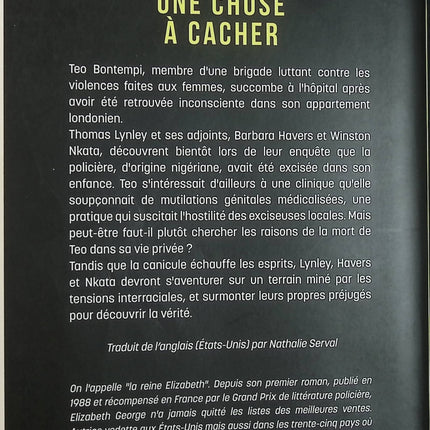 Une chose à cacher – Elizabeth George – roman policier enquête britannique drame psychologique - Livre