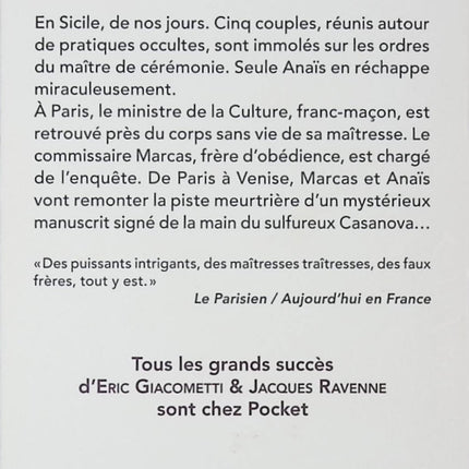 Conjuration Casanova – thriller ésotérique et historique d’Éric Giacometti et Jacques Ravenne mystère et suspense - livre