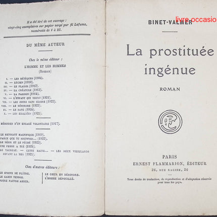 La prostituée ingénue – Binet-Valmer | Roman dramatique et littérature française - livre
