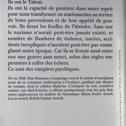 Roman thriller horreur suspense L’Échiquier du mal, tome 1 – enquête, mystère, épouvante – Dan Simmons - livre
