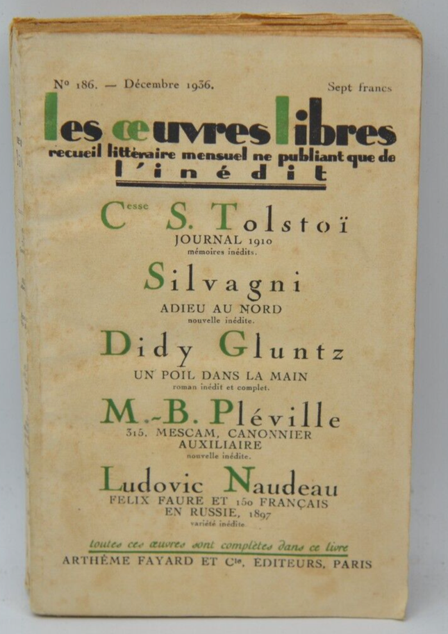 Les oeuvres libres - Adieu au nord poil dans la main - 1936 N° 186- livre