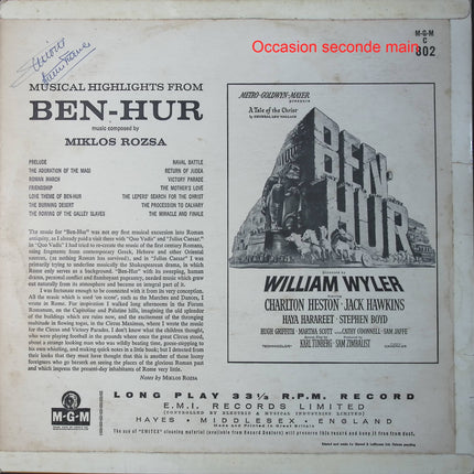 Miklós Rózsa – Ben-Hur Original Motion Picture Soundtrack – Vinyle 33 tours MGM Records occasion - Disque vinyle 33 tours